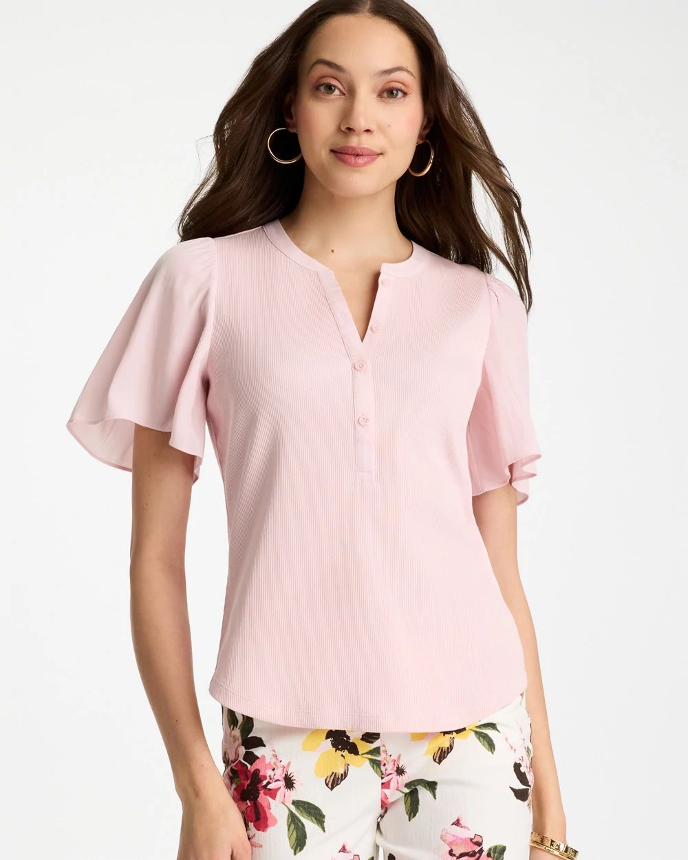 Rib Knit Woven Flutter Sleeve Tee | Chico's